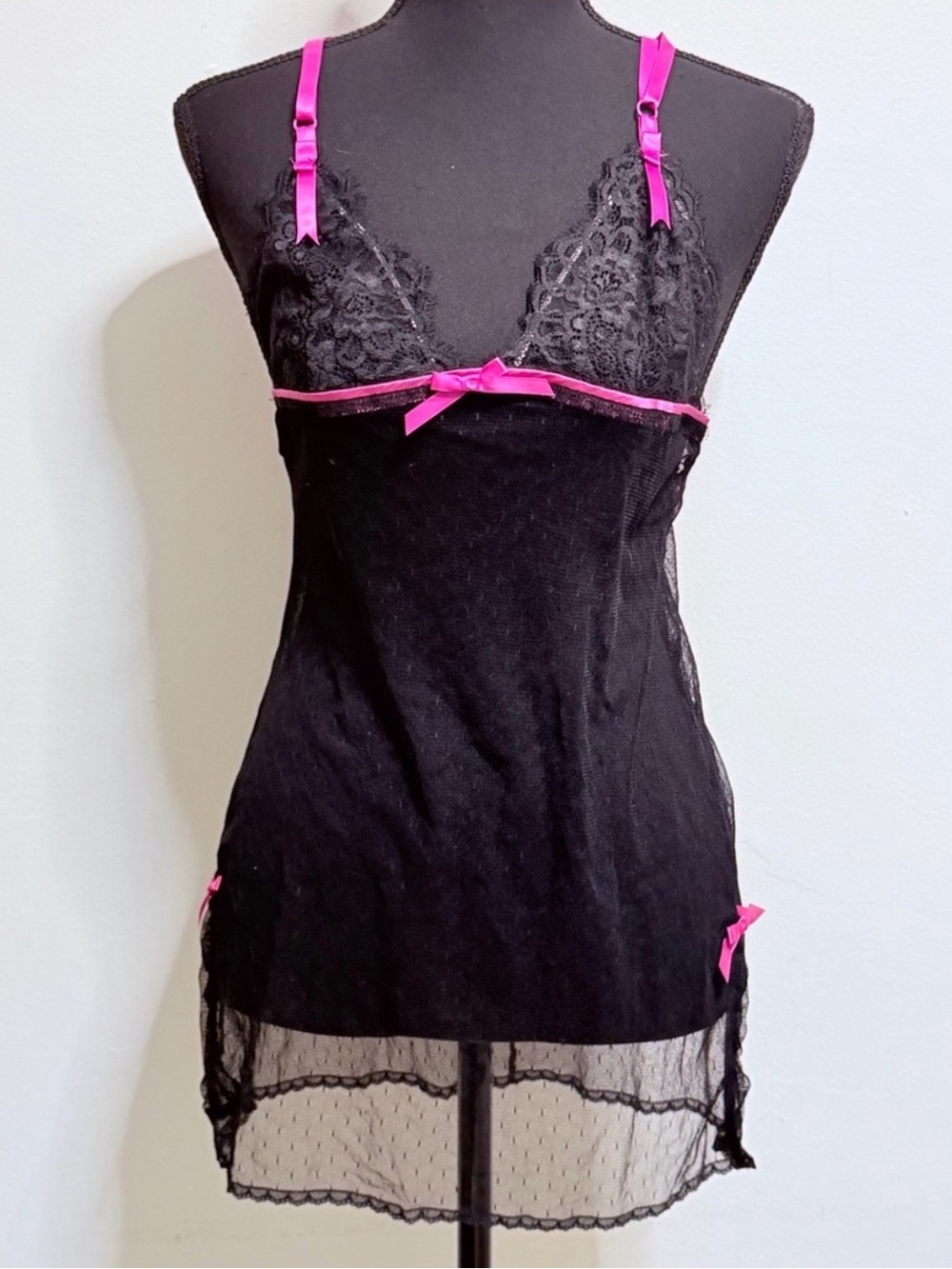 Victoria Secret Black & Hot Pink Lace Chemise Nightgown Medium